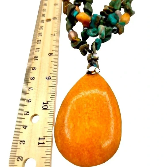 Vintage Multi-Strand Gemstone Necklace With Large Peach Jade Pendant - Picture 10 of 11